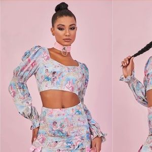 Dolls Kill Divine Lush Opulence Puff Sleeve Top with Cupid Print